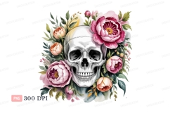 Skull surrounded by pink and peach flowers floral Product Image 1