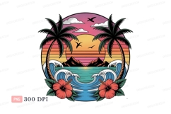 Tropical Sunset Ocean Waves Palm Trees Hibiscus Flowers Product Image 1