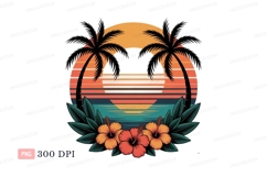 Tropical sunset with palm trees and hibiscus flowers Product Image 1