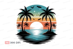 Sunset palms ocean bats silhouette Product Image 1