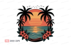 Tropical sunset ocean view with palm trees and flowers Product Image 1