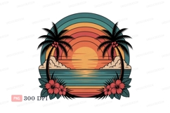 Tropical sunset ocean palms hibiscus Clipart P N G Product Image 1
