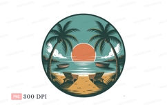Tropical sunset beach chairs boats ocean palm Product Image 1