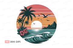 Tropical sunset ocean waves hibiscus palms beach Product Image 1