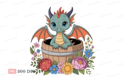 Cute dragon in barrel surrounded by flowers fantasy Product Image 1