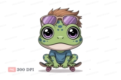 Cute frog wearing sunglasses on skateboard green purple Product Image 1