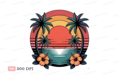 Tropical sunset ocean palm trees hibiscus flowers image Product Image 1