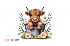 Fluffy calf in bucket with flowers highland Product Image 1