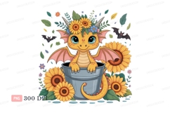 Cute dragon with sunflowers and bats yellow orange Product Image 1