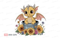 Cute yellow dragon in bucket with sunflowers image Product Image 1