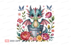 Cute dragon in bucket surrounded by flowers birds pink Product Image 1
