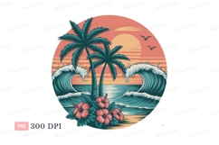 Tropical beach sunset palm trees hibiscus waves image Product Image 1