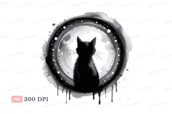 Black cat silhouette moon watercolor image Product Image 1