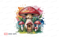 Whimsical mushroom houses with red caps and green leaves Product Image 1