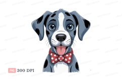 Blue eyed spotted dog wearing red polka dot bow tie Product Image 1