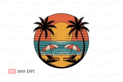 Sunset beach chairs palm trees ocean umbrellas Product Image 1