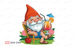 Cheerful gnome relaxing with tropical drink cartoon Product Image 1