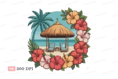 Tropical beach scene with palm tree and hibiscus flowers Product Image 1