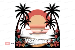 Sunset palms ocean waves flowers image Product Image 1