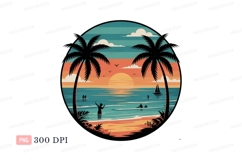 Tropical beach sunset with palm trees and people swimming Product Image 1