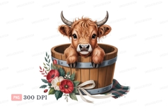 Fluffy highland cow peeking from wooden bucket calf Product Image 1