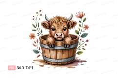 Fluffy calf peeking from wooden barrel surrounded by flowers Product Image 1