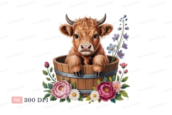 Fluffy calf in wooden bucket with flowers highland Product Image 1