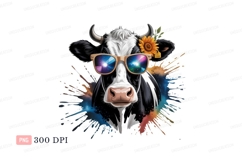 Cool cow wearing sunglasses and sunflower black white Product Image 1
