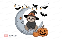 Sloth Witch Moon Pumpkin Bats Clipart P N G image Product Image 1