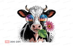 Cow wearing round glasses eating flower pink green Product Image 1