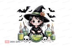 Cute witch brewing potion with skulls and bats halloween Product Image 1