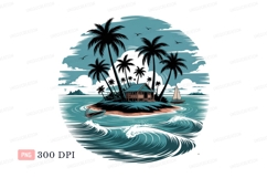 Tropical island hut sailboat waves ocean Product Image 1