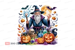 Wizard with pumpkins potions bats moon halloween skull Product Image 1
