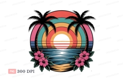 Tropical sunset beach scene with palms and hibiscus Product Image 1
