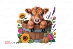 Fluffy calf in wooden barrel surrounded by flowers Product Image 1