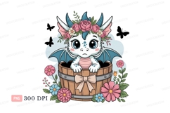 Baby dragon with floral crown in wooden bucket image Product Image 1