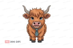 Fluffy brown cow wearing tie highland horns Product Image 1