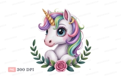 Adorable unicorn with rainbow mane and floral wreath Product Image 1