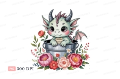 Cute dragon in bucket with flowers fantasy mythical Product Image 1