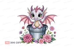 Baby dragon in bucket with flowers pink Product Image 1