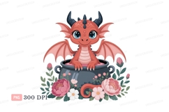 Red dragon in cauldron with flowers blue pink Product Image 1