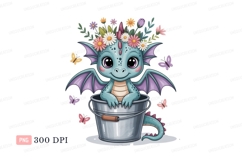 Baby dragon with flower crown in bucket cute fantasy Product Image 1