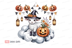 Cute witch lamb with pumpkins and lanterns Halloween Product Image 1