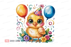 Adorable yellow chick wearing party hat balloons Product Image 1