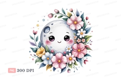 Cute moon character surrounded by flowers floral Product Image 1