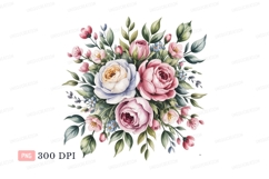 Pink white blue roses green leaves bouquet image Product Image 1