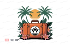 Orange suitcase tropical sunset palm trees flowers Product Image 1