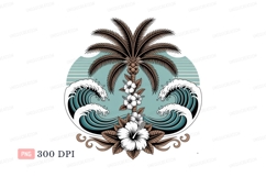 Tropical palm tree ocean waves hibiscus flowers image Product Image 1