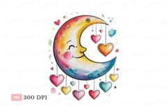 Smiling crescent moon with hanging hearts colorful Product Image 1