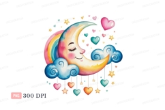 Sleeping crescent moon with rainbow clouds hearts stars Product Image 1